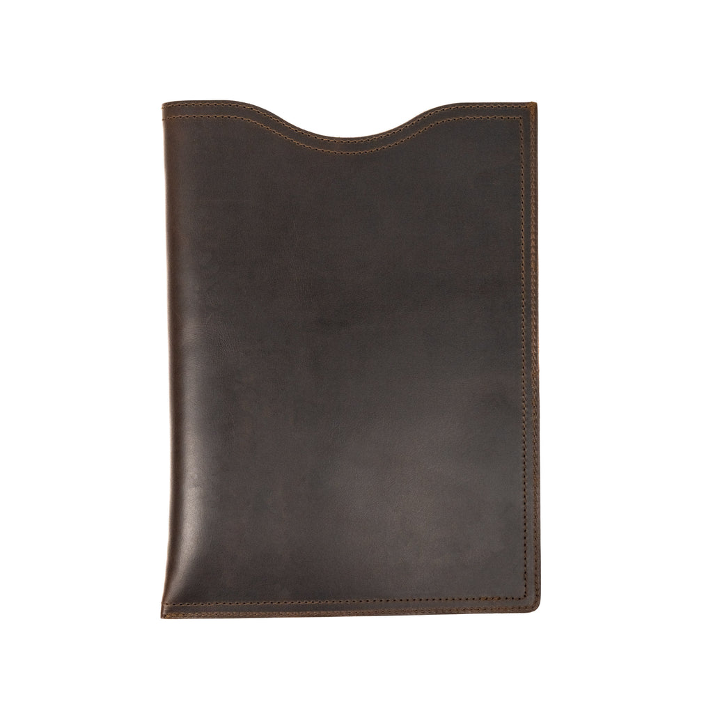 16" Vertical Laptop Sleeve in Dark Coffee Brown, back view with curved top opening and stitched edges