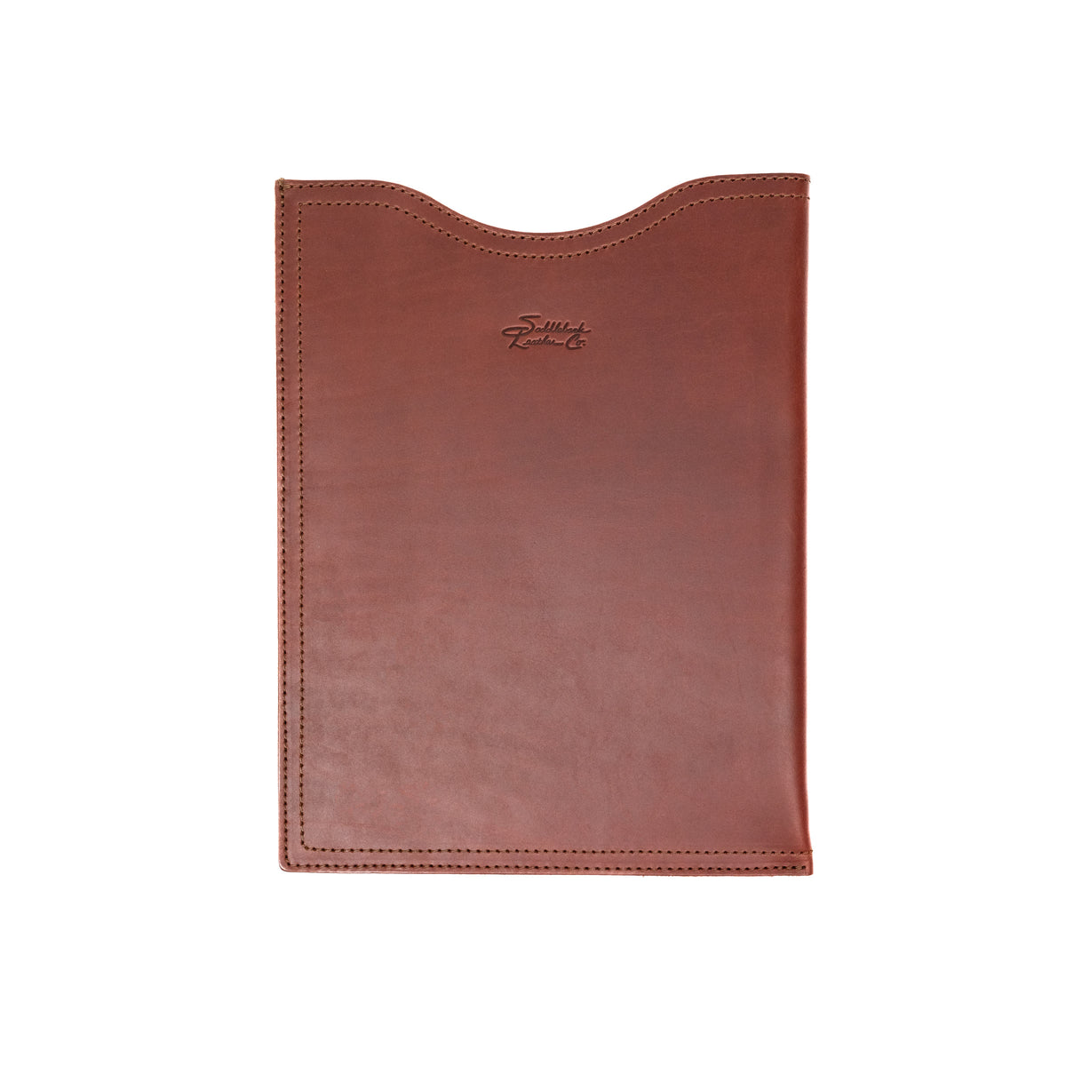 14" Vertical Laptop Sleeve in Chestnut, front view with curved top opening and logo