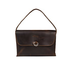 Large Leather Organizer Bag in Dark Coffee Brown, tie looped up as a carry handle, metal ring on the closed flap