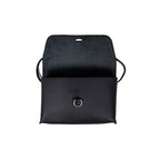 Large Leather Organizer Bag in Black, flap open with leather tie loose and metal ring on the front