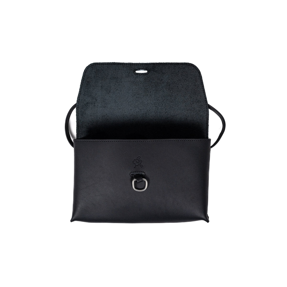 Large Leather Organizer Bag in Black, flap open with leather tie loose and metal ring on the front