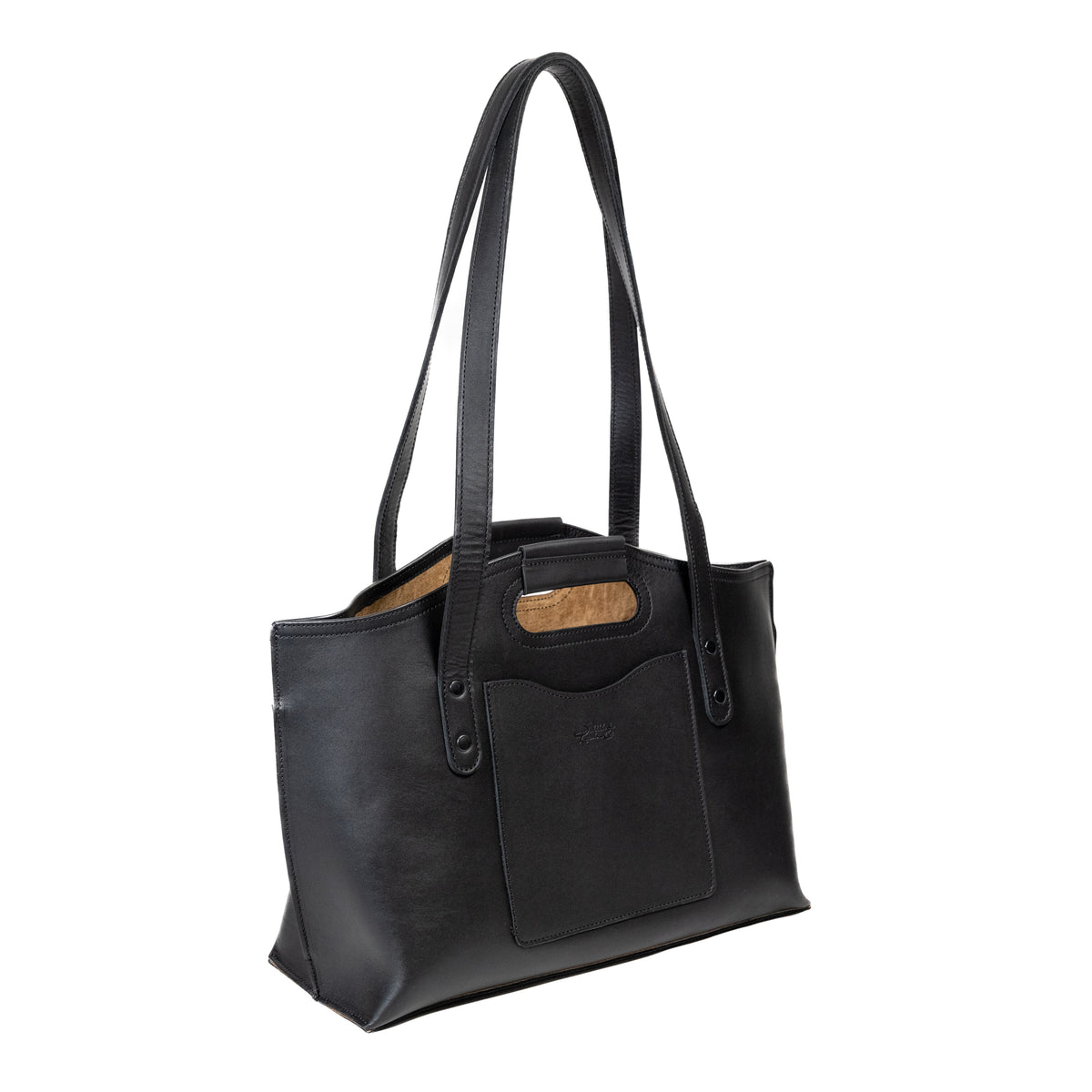 Urban Leather Tote in Black, angled front view with shoulder handles, cutout grip and front slip pocket