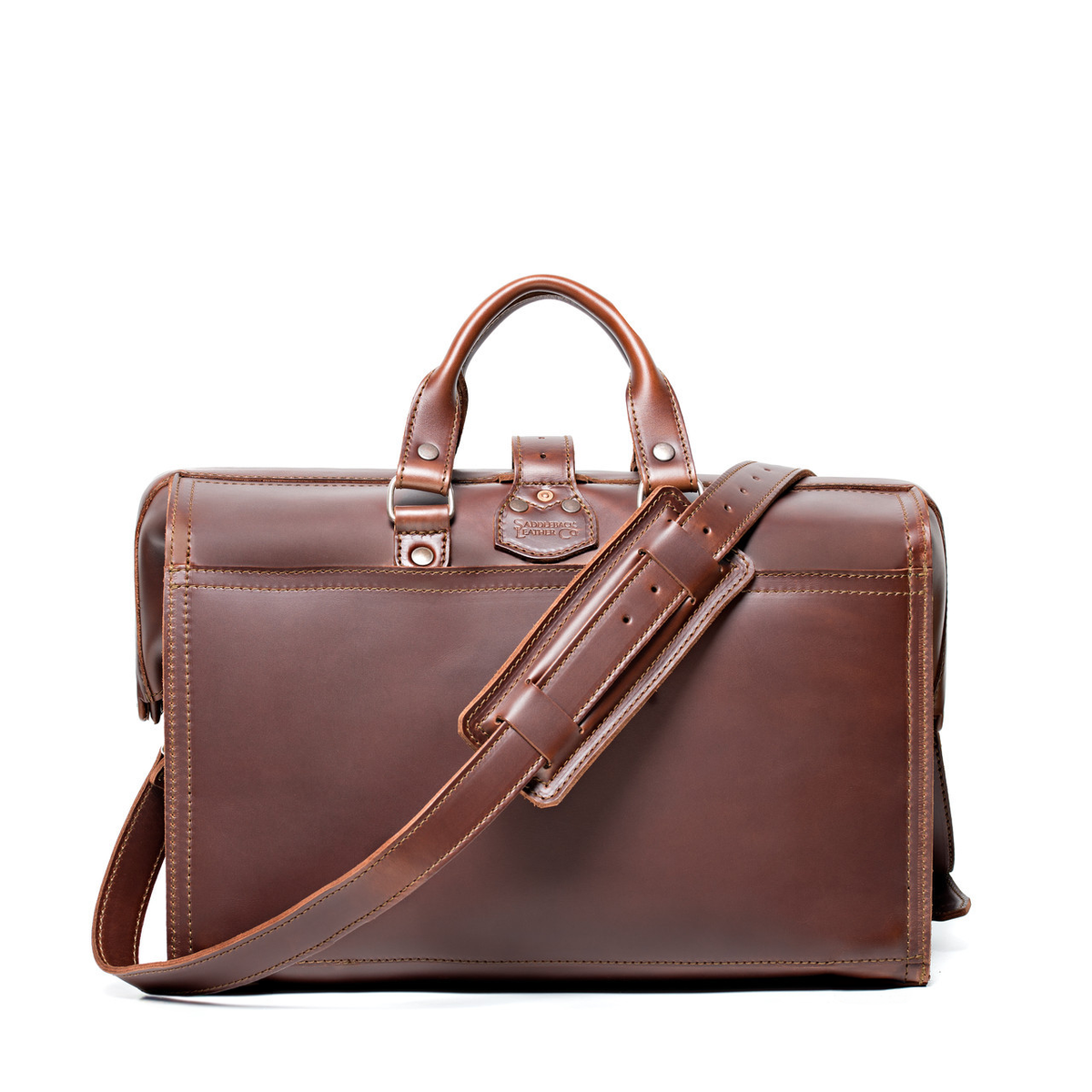 Barrister's Briefcase in Chestnut, back view with top handles and padded shoulder strap across the front