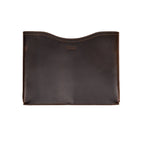 16" Horizontal Laptop Sleeve in Dark Coffee Brown, front view with curved top opening and logo