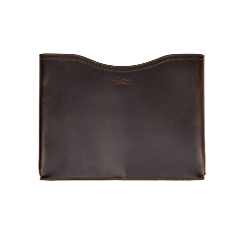16" Horizontal Laptop Sleeve in Dark Coffee Brown, front view with curved top opening and logo