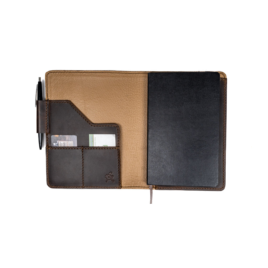 Leather Journal Cover - Texas Rangers World Series in Dark Coffee Brown, open with a black notebook, card pockets and pen loop