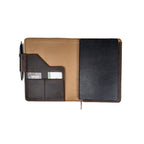 Leather Journal Cover - Texas Rangers World Series in Dark Coffee Brown, open with a black notebook, card pockets and pen loop