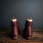 Officer Boot in Oxblood, back view of pair showing heel counters and stacked leather heels