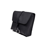 Leather Organizer Bag in Black, three-quarter view with flap closure and strap wrapped around the front