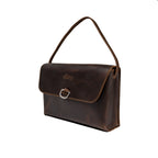 Large Leather Organizer Bag in Dark Coffee Brown, angled view with tie looped up as a carry handle and metal ring on the flap