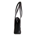 Professional Leather Tote in Black, side profile view showing the slim gusset and shoulder handles
