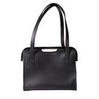 Professional Leather Tote in Black, back view with embossed logo, shoulder handles and cutout grip