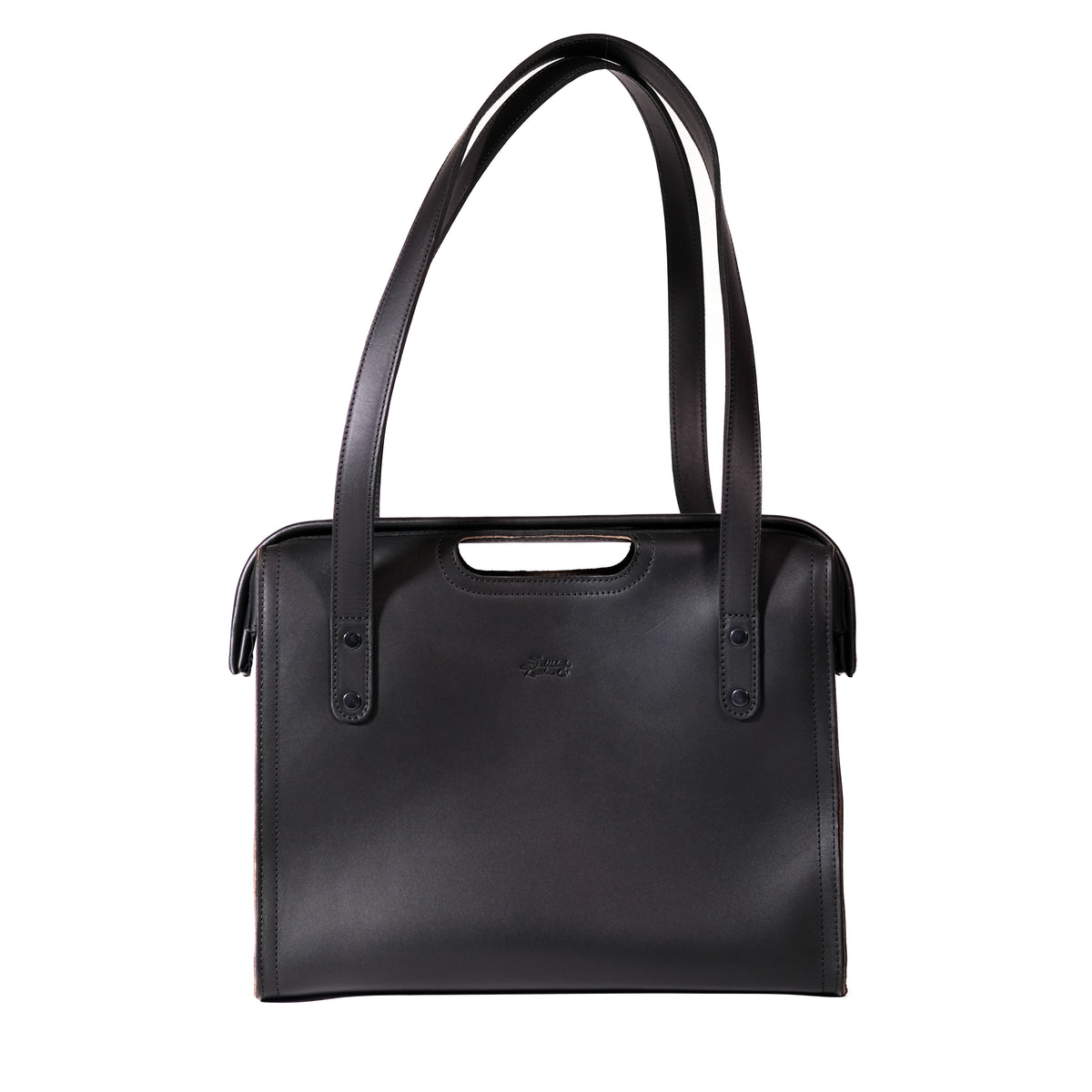 Professional Leather Tote in Black, back view with embossed logo, shoulder handles and cutout grip