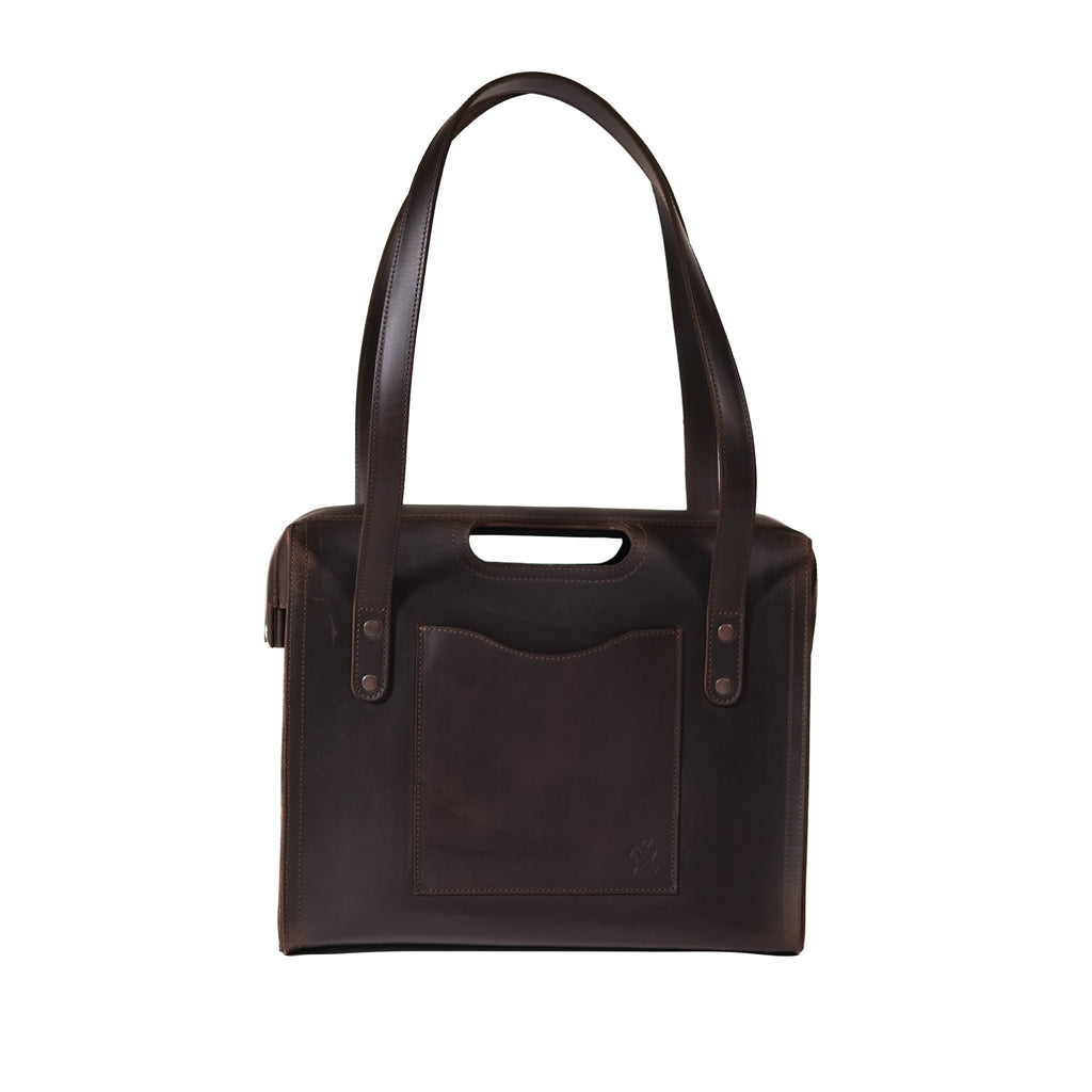 Professional Leather Tote in Dark Coffee Brown, front view with shoulder handles, cutout grip and empty front pocket