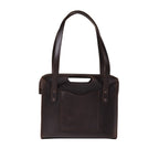 Professional Leather Tote in Dark Coffee Brown, front view with shoulder handles, cutout grip and empty front pocket
