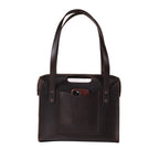 Professional Leather Tote in Dark Coffee Brown, front view with shoulder handles, cutout grip and a phone in the front pocket