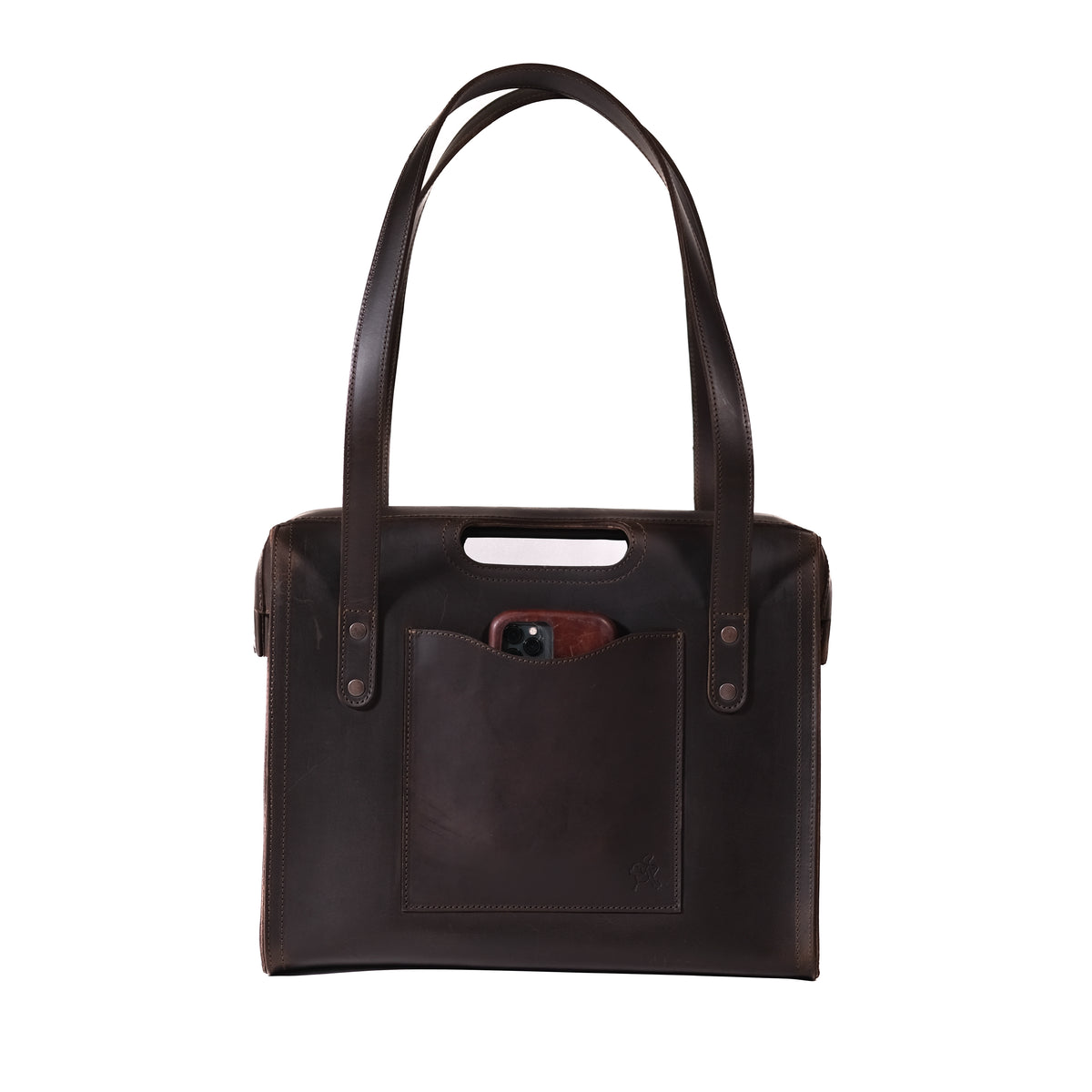 Professional Leather Tote in Dark Coffee Brown, front view with shoulder handles, cutout grip and a phone in the front pocket