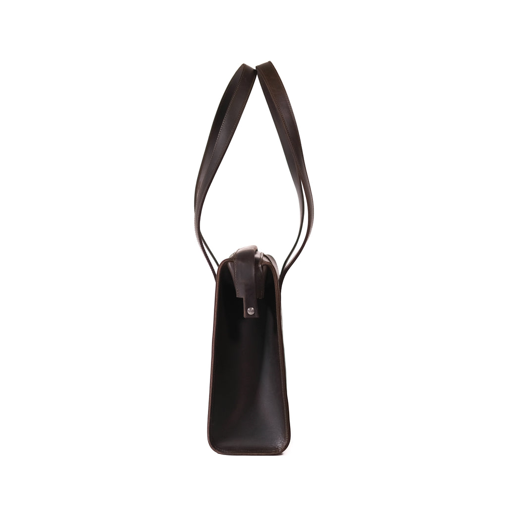 Professional Leather Tote in Dark Coffee Brown, side profile view showing the slim gusset and shoulder handles