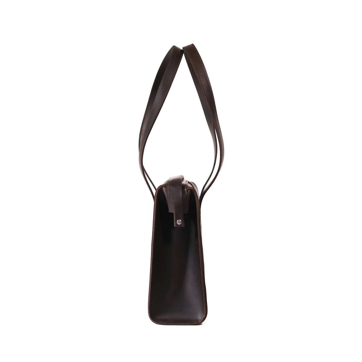 Professional Leather Tote in Dark Coffee Brown, side profile view showing the slim gusset and shoulder handles