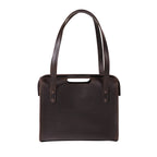 Professional Leather Tote in Dark Coffee Brown, back view with embossed logo, shoulder handles and cutout grip