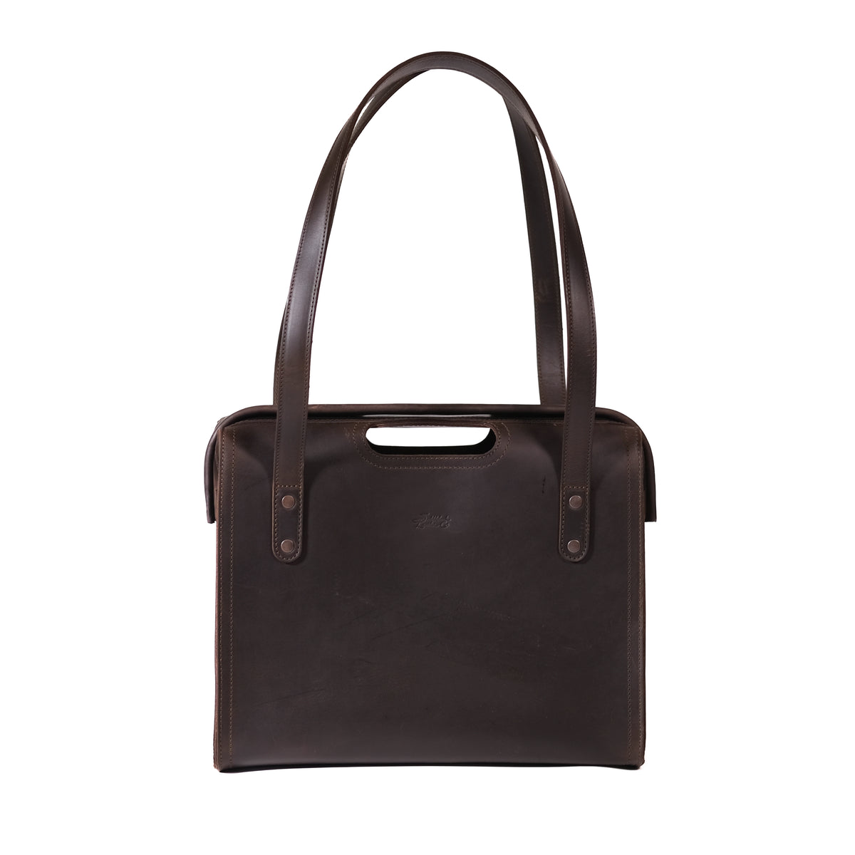 Professional Leather Tote in Dark Coffee Brown, back view with embossed logo, shoulder handles and cutout grip