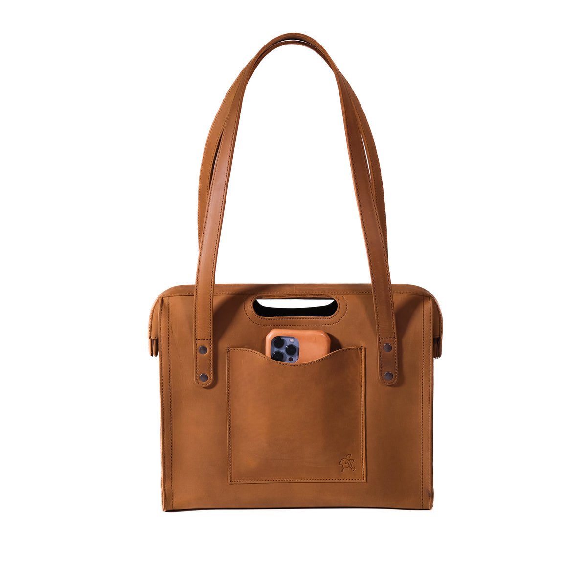 Professional Leather Tote in Tobacco, front view with shoulder handles, cutout grip and a phone in the front pocket