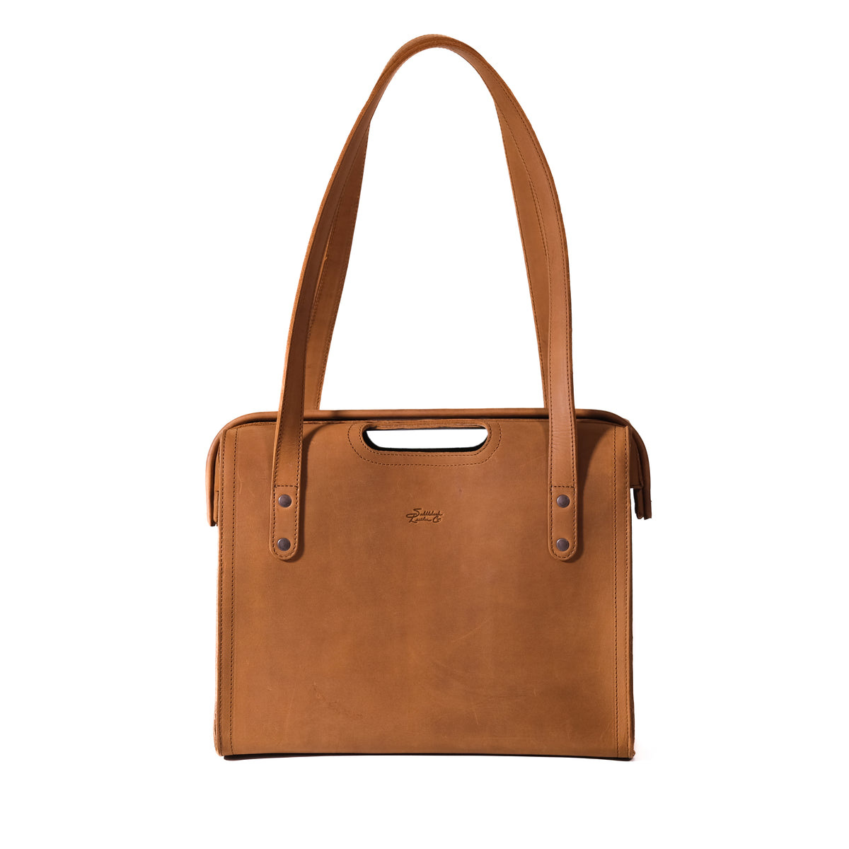Professional Leather Tote in Tobacco, back view with embossed logo, shoulder handles and cutout grip