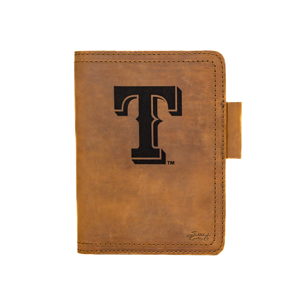 Leather Journal Cover - Texas Rangers in Tobacco, front cover with embossed Rangers T logo and pen loop