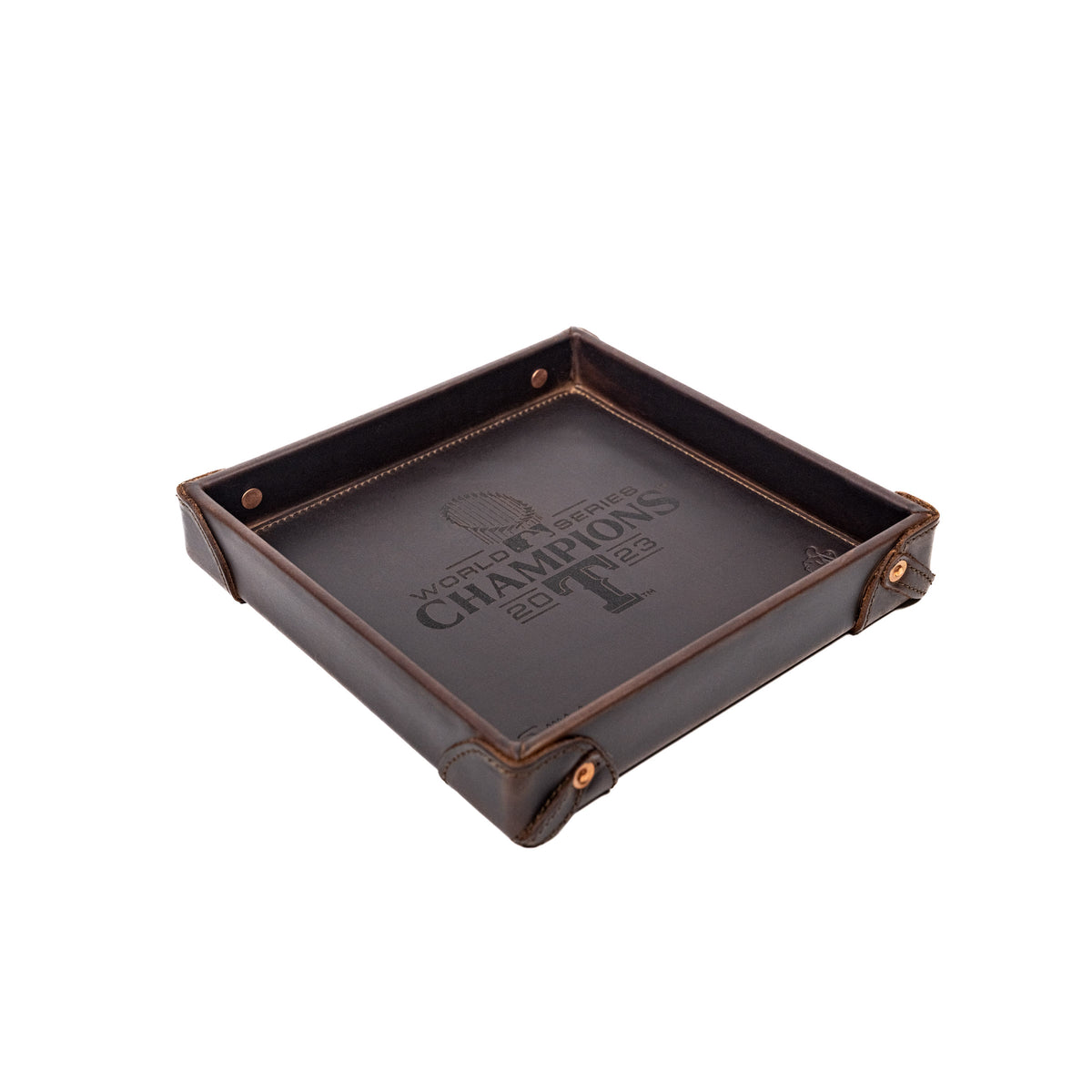 Leather Valet Tray - Texas Rangers World Series in Dark Coffee Brown, angled view with riveted corners and engraving