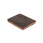 Front Pocket Leather ID Wallet in Dark Coffee Brown lying at an angle to show its thin profile and natural edge