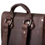 12" Drawstring Backpack in Dark Coffee Brown, close-up of top handle, strap rings and rivets on the back