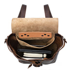 12" Drawstring Backpack in Dark Coffee Brown, top view open with a tablet and books inside