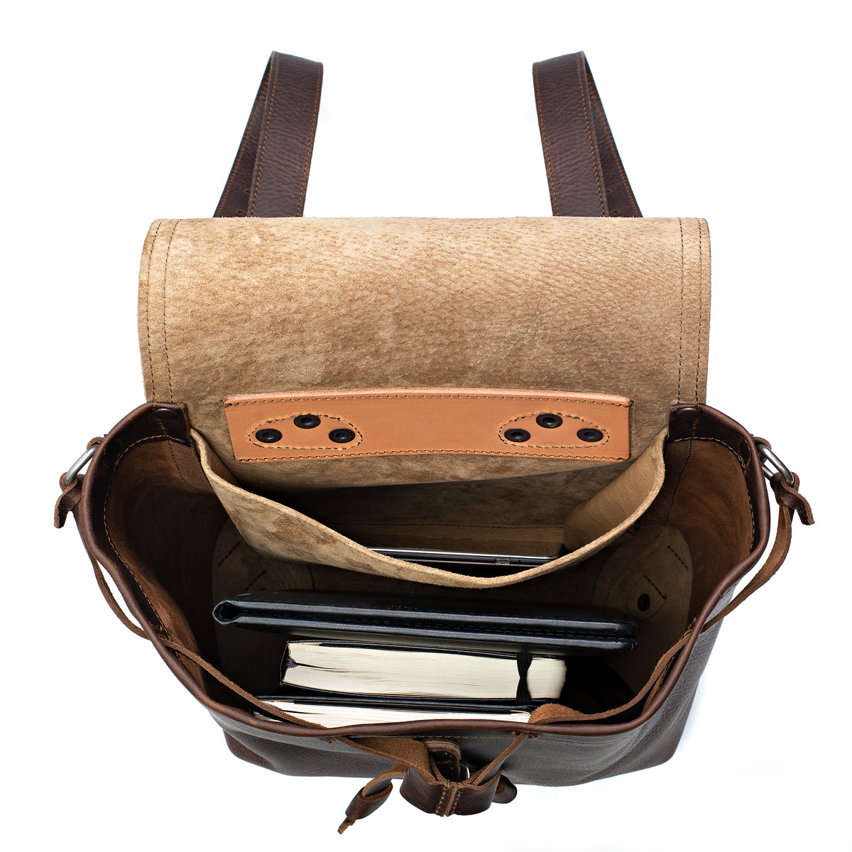 12" Drawstring Backpack in Dark Coffee Brown, top view open with a tablet and books inside