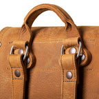 12" Drawstring Backpack in Tobacco, close-up of top handle, strap rings and rivets on the back