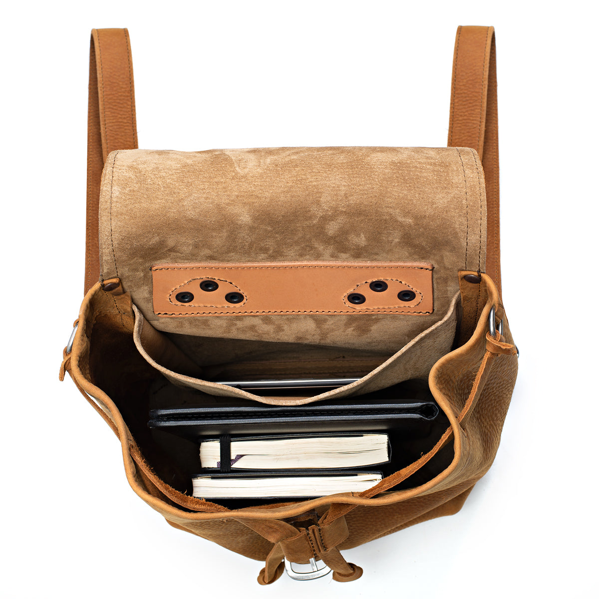 12" Drawstring Backpack in Tobacco, top view open with a tablet and books inside