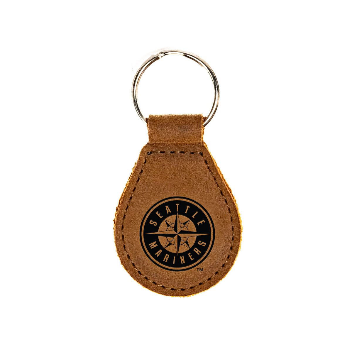 Seattle Mariners Leather Keychain in Tobacco with compass logo and key ring, front view