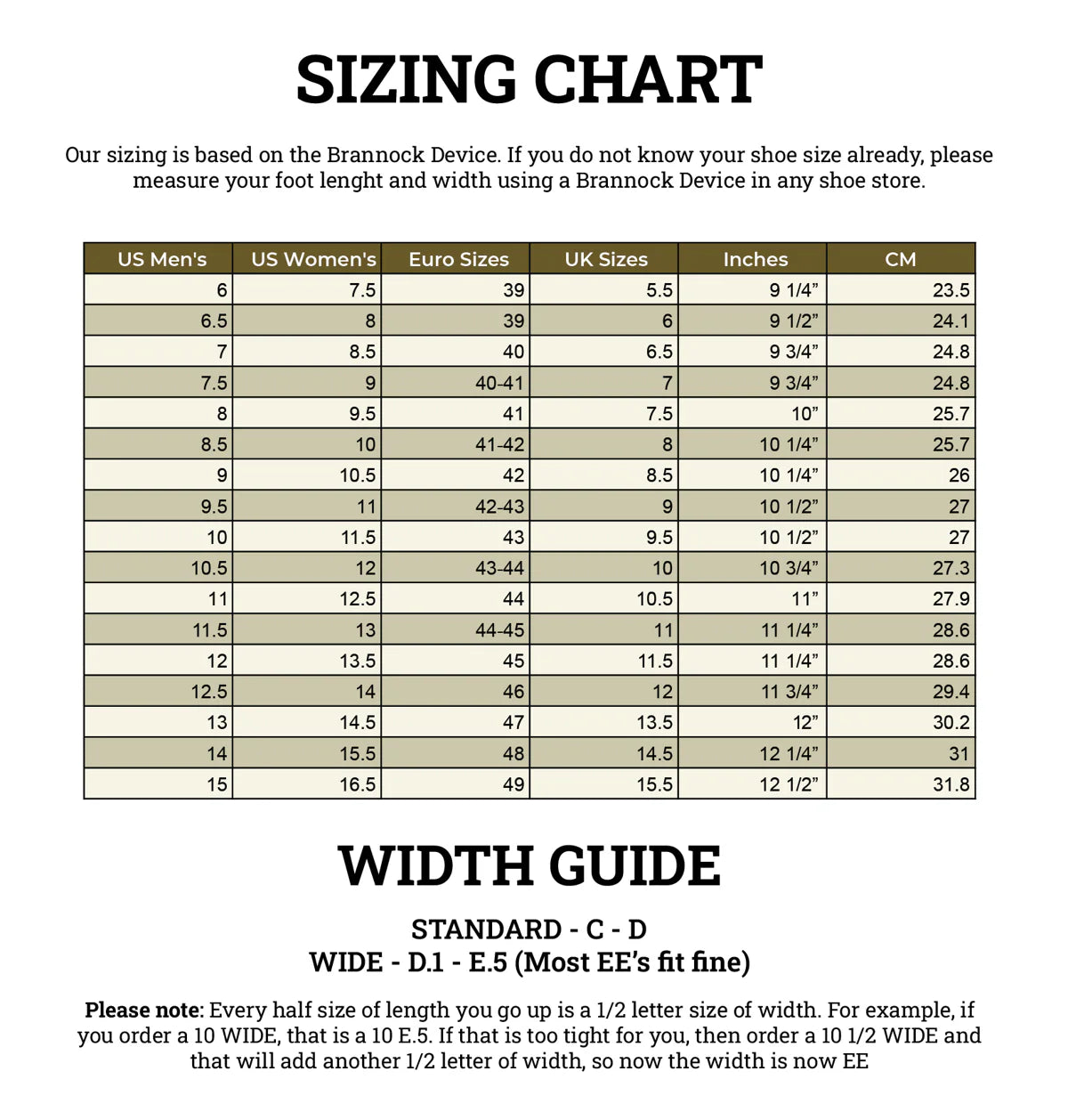 Toe Cap Shoes sizing chart with US, Euro, UK, inch and cm conversions plus width guide