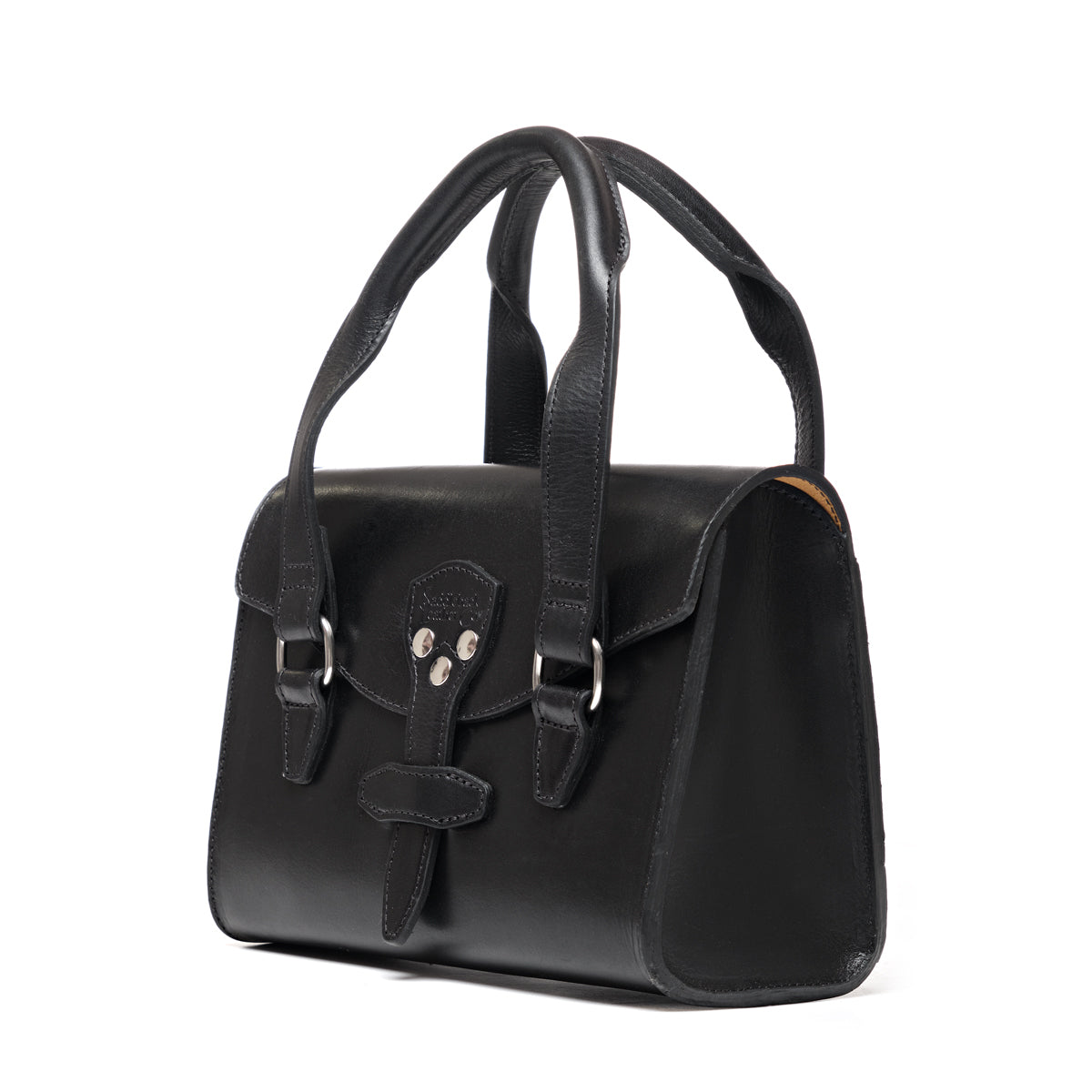 Double Handle Purse-Silverback in Raven Black, angled front view with twin top handles and strap closure