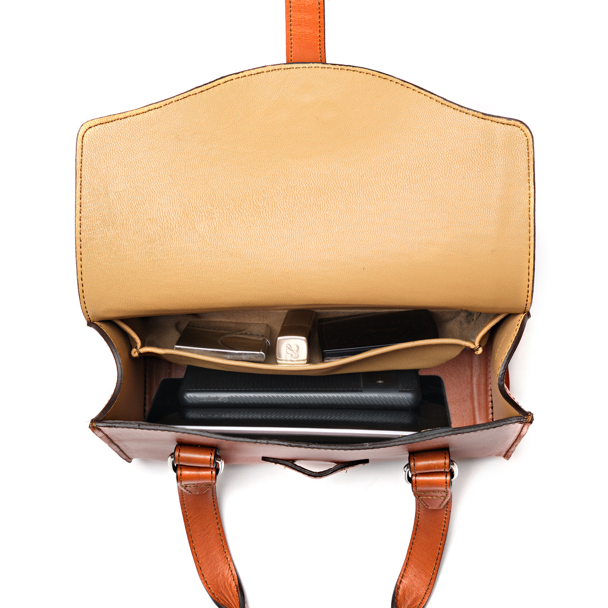 Double Handle Purse-Silverback in English Tan, top view open showing the goatskin lining, pockets and a wallet inside