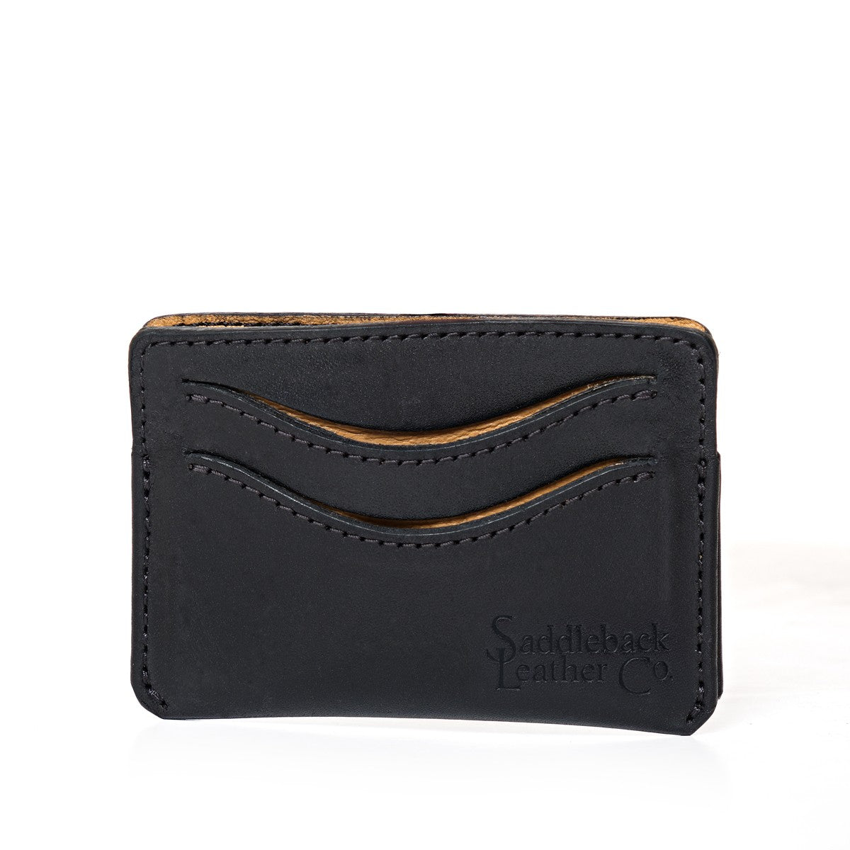 Newton Wallet in Raven Black, front view with curved card slots and an embossed Saddleback Leather Co. logo