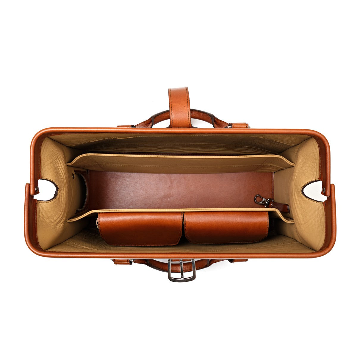 Spurgeon Briefcase in English Tan, top-down interior view showing the goatskin lining and inside pockets