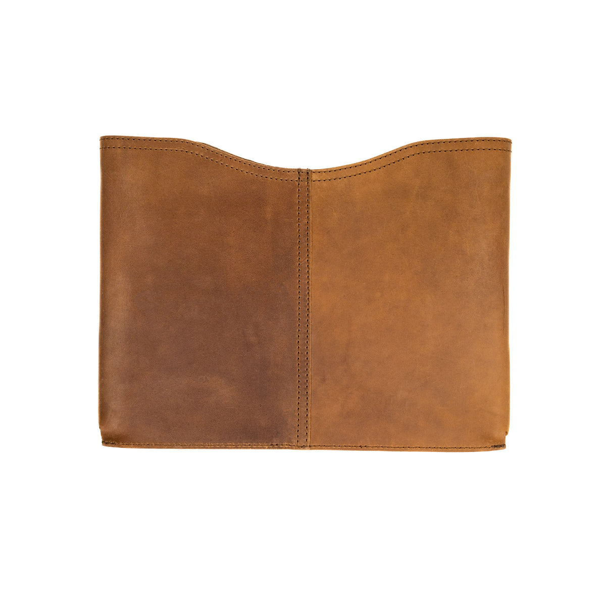 16" Horizontal Laptop Sleeve in Tobacco, back view with center seam and curved top opening