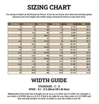 Barefoot Slip-on Shoe sizing chart converting US men's, US women's, Euro and UK sizes to inches and cm, with width guide