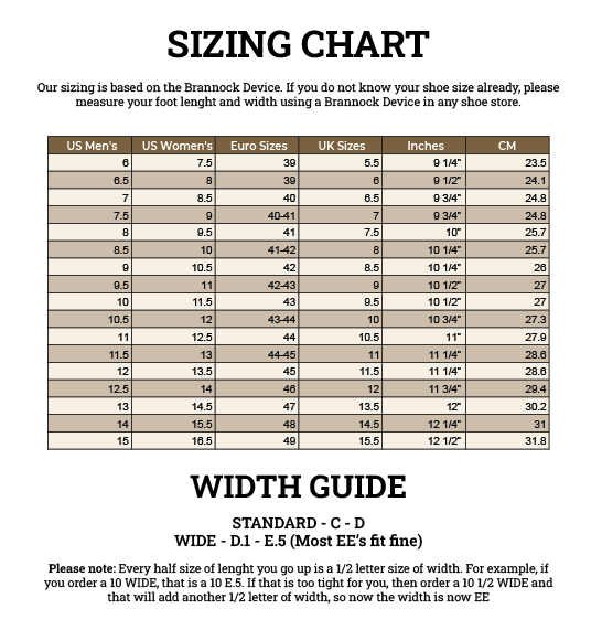 Barefoot Slip-on Shoe sizing chart converting US men's, US women's, Euro and UK sizes to inches and cm, with width guide