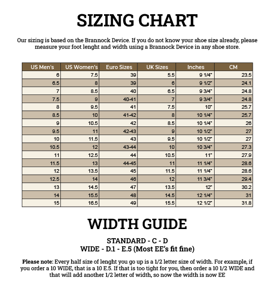 Officer Boot sizing chart converting US men's, US women's, Euro and UK sizes to foot length in inches and cm