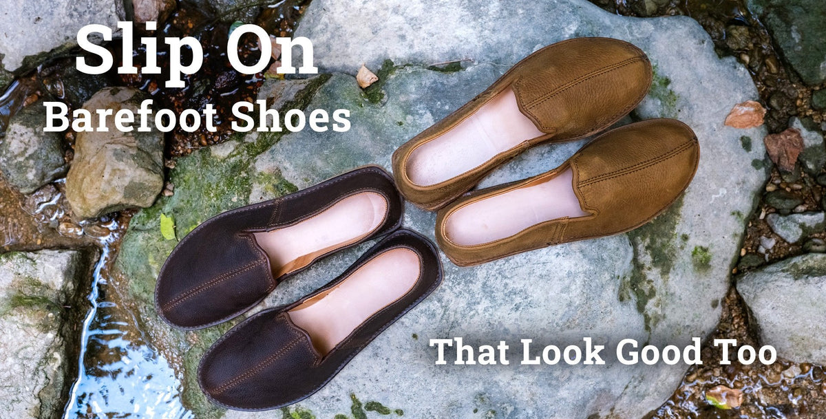 Barefoot Slip-on Shoes in Dark Coffee Brown and Tobacco on mossy rocks, banner text: Slip On Barefoot Shoes That Look Good Too