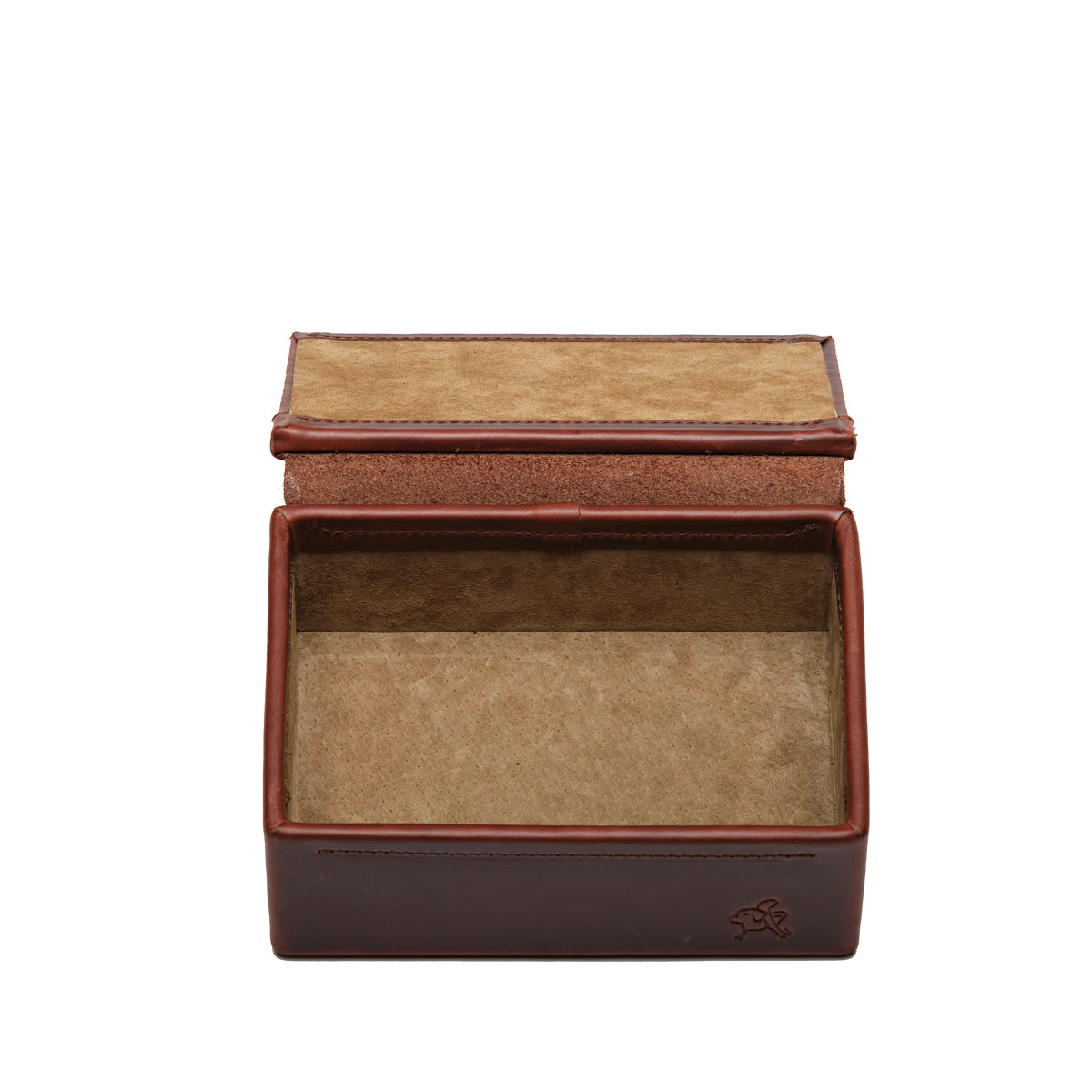 Small Organizer Box in Chestnut, lid open showing empty tan suede-lined interior, top-down view