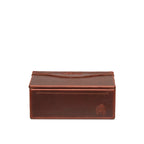Small Organizer Box in Chestnut, closed with embossed logo, straight-on front view