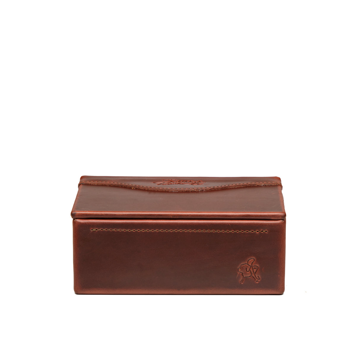 Small Organizer Box in Chestnut, closed with embossed logo, straight-on front view