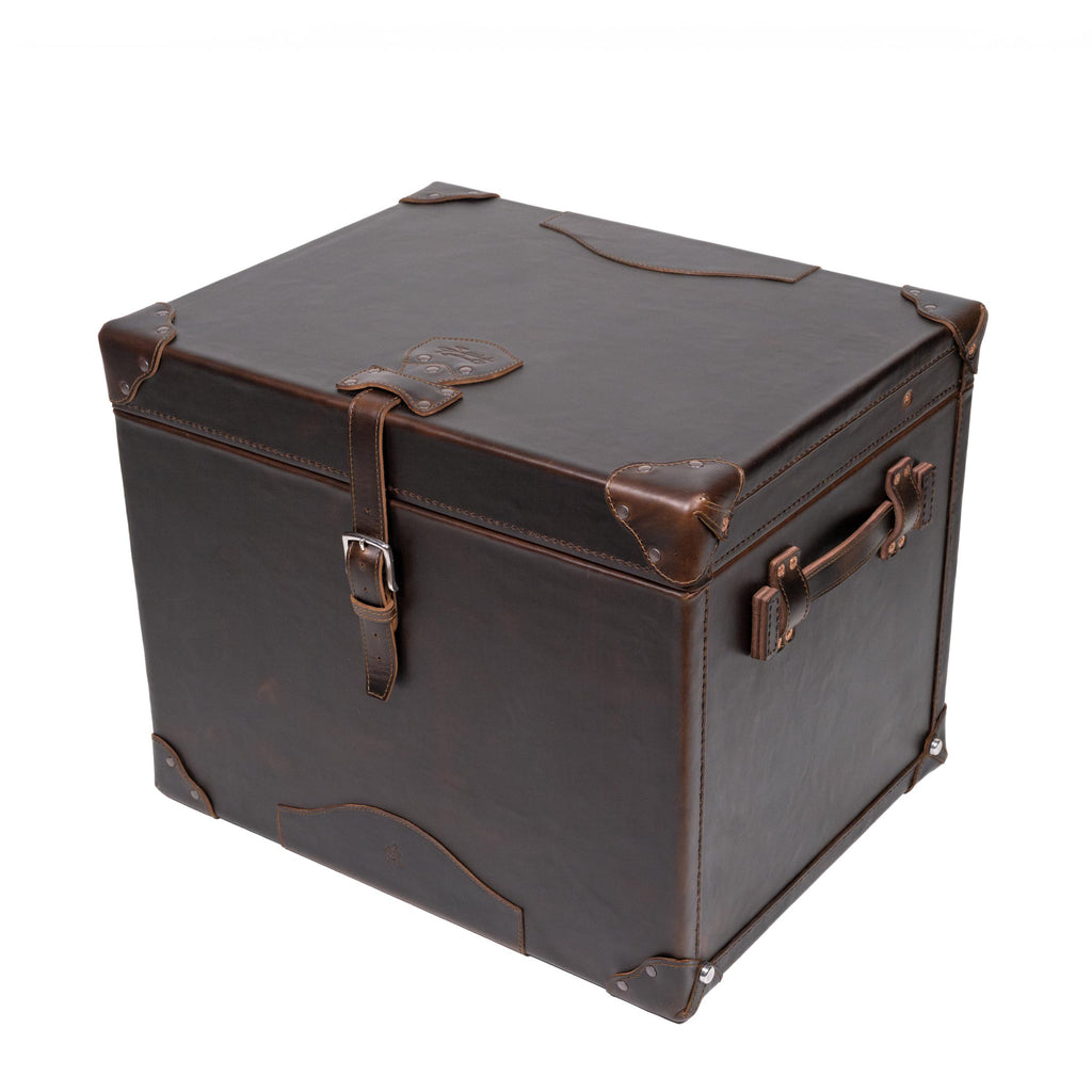 Leather Small Trunk in Dark Coffee Brown, closed angled front view with buckled strap, side handle and corner guards
